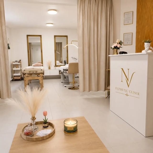 Recepčný pult NV Esthetic Clinik so zlatým logom a kvetmi