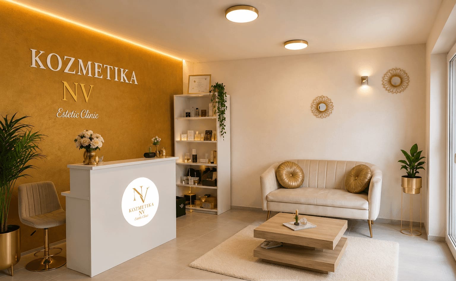 Recepcia NV Esthetic Clinik — zlatá stena s nápisom Kozmetika NV a krémová pohovka