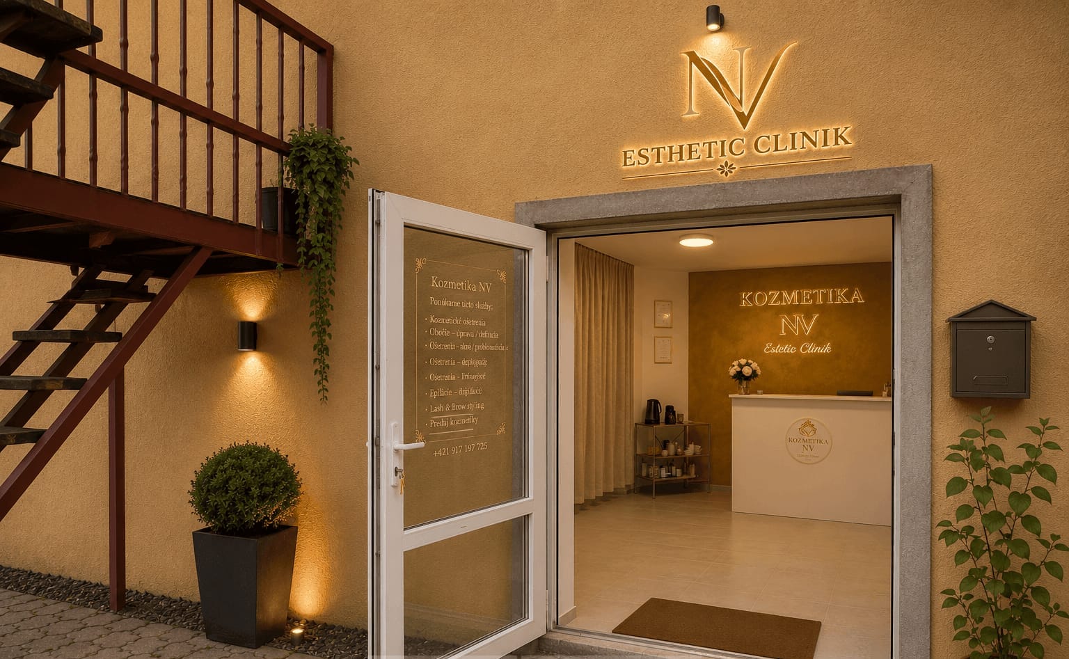 Podsvietený vstup do NV Esthetic Clinik so zlatým logom na fasáde